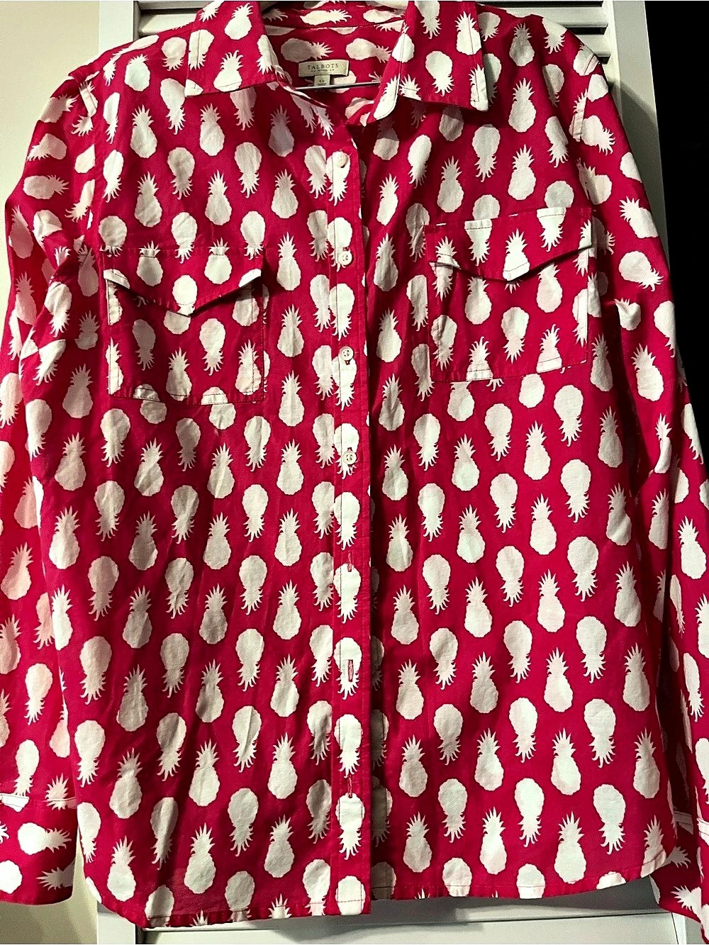 Talbots Cotton Button Front Shirt - Pineapple Print Pink & White Large